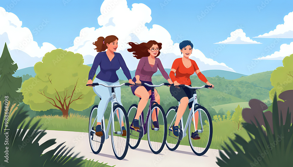 Two women biking in a picturesque outdoor scene, surrounded by trees and hills under a sunny sky. Two women biking in a picturesque outdoor scene, surrounded by trees and hills under a sunny sky.