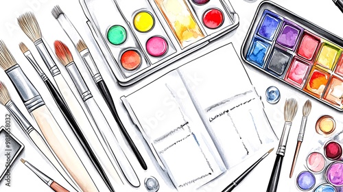 Watercolor paints, brushes, and a blank sketchbook arranged on a white background.