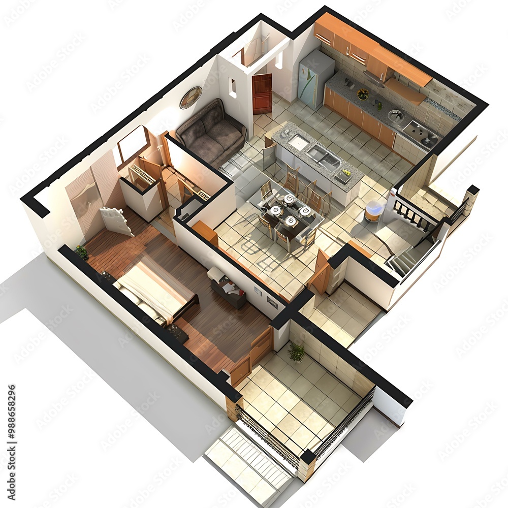 Modern 3D Floor Plan of a Luxury Apartment with Kitchen and Dining Room Modern 3D Floor Plan of a Luxury Apartment with Kitchen and Dining Room