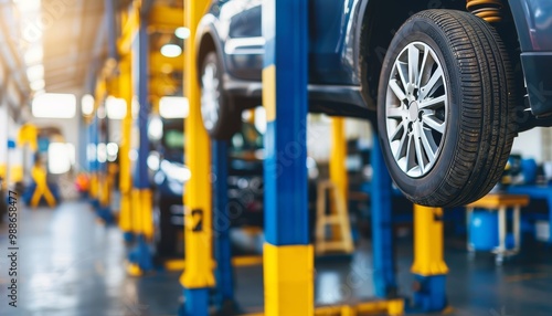 Car Raised on Hydraulic Lift for Maintenance and Repair Service in a Modern Automotive Workshop