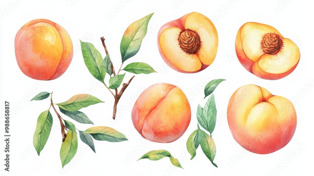 Set of watercolor illustrations of fruit peach,Peach with leaves seamless pattern,tender juicy fruits peaches,hand painted,menu smoothie,botanical watercolor. Set of watercolor illustrations of fruit peach,Peach with leaves seamless pattern,tender juicy fruits peaches,hand painted,menu smoothie,botanical watercolor.