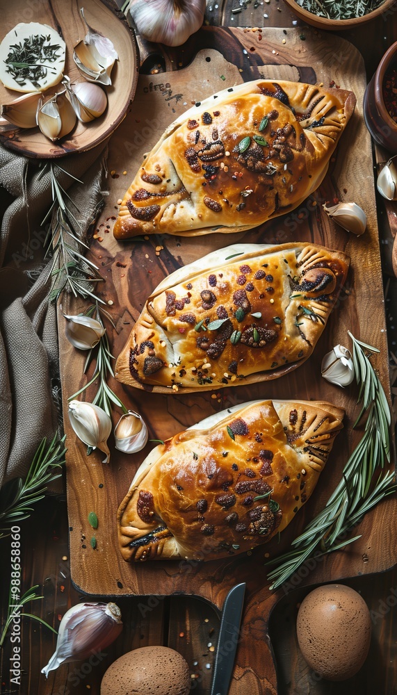 Φωτογραφία Three Golden Brown Fish Pies, Baked to Perfection with Herbs and Garlic, on Rust