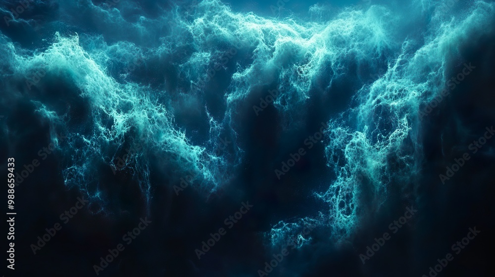 Serene seascape with glowing ocean waves and neon sky picture Serene seascape with glowing ocean waves and neon sky picture
