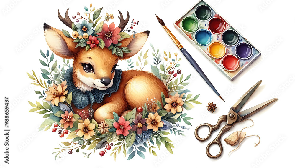 Obraz premium Charming Deer Illustration with Floral Accents