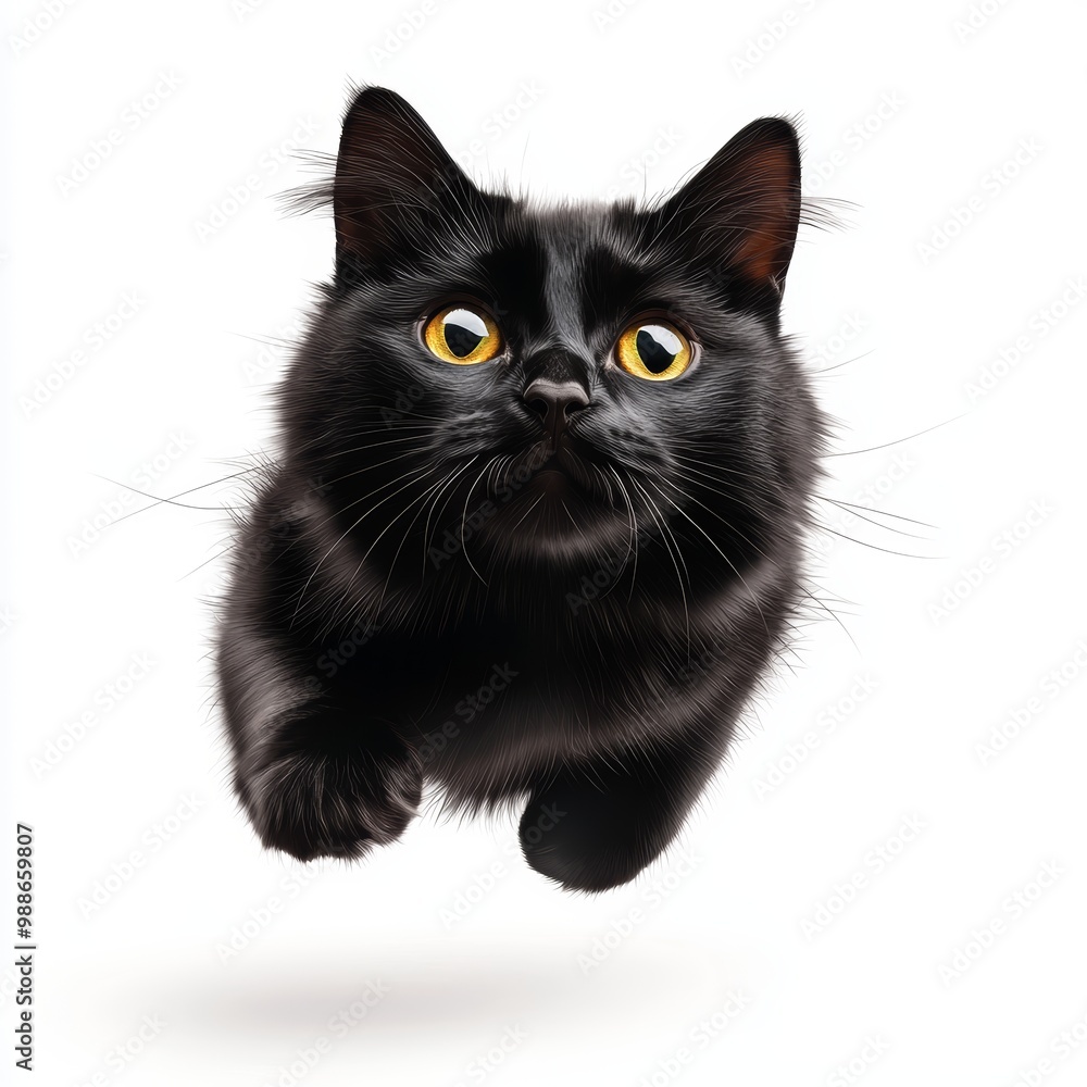 An 8k photorealistic image of a furry black cat with piercing yellow eyes, leaping through the air An 8k photorealistic image of a furry black cat with piercing yellow eyes, leaping through the air