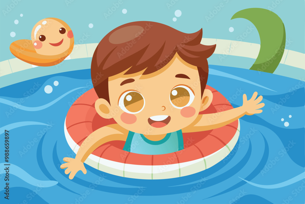Naklejka premium A cheerful boy swims in the pool, enjoying a sunny day with a playful float, Cute little boy swimming in the pool.