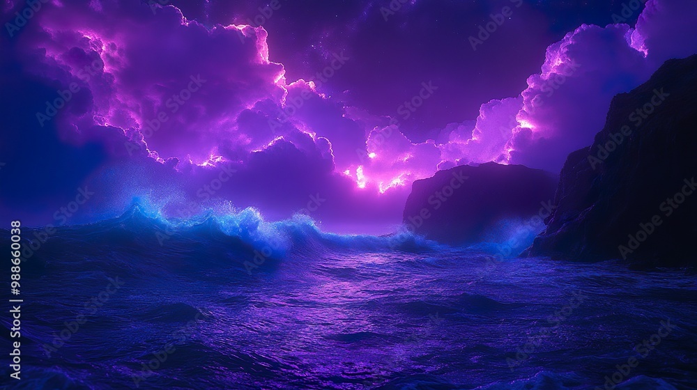 Neon lit sky illuminating dark ocean waves in calm serene seascape picture Neon lit sky illuminating dark ocean waves in calm serene seascape picture