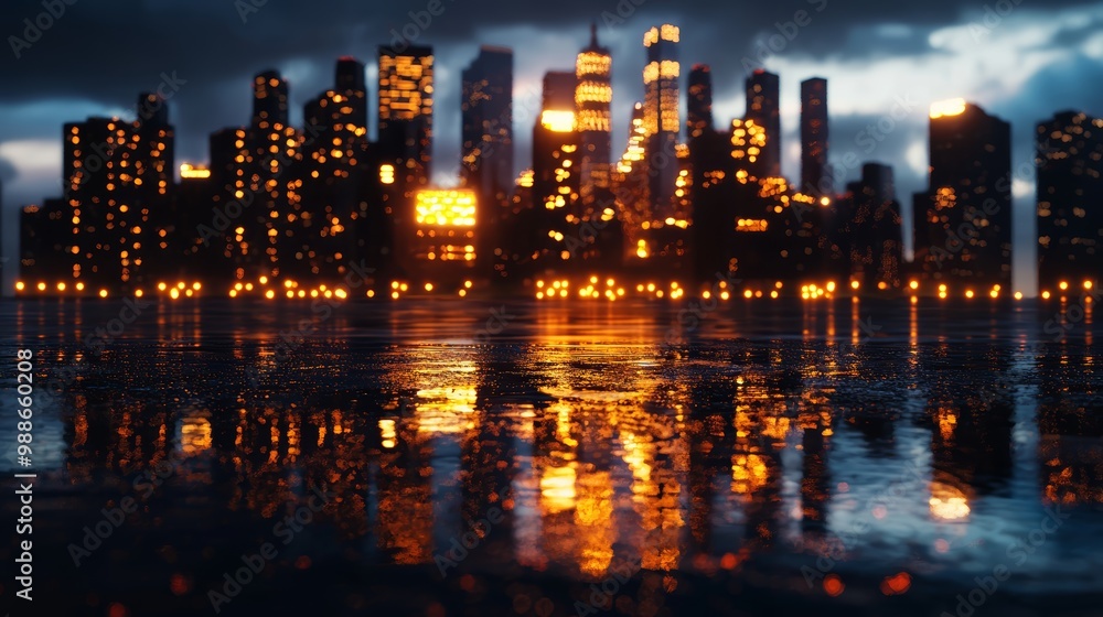 Fototapeta premium An 8k resolution image of a sprawling cityscape at twilight, with towering skyscrapers and shimmering lights reflecting in the wet pavement