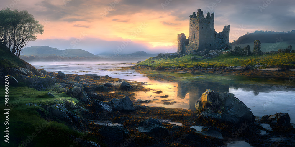 Old castle ruins on seashore in early morning misty dawn, empty landscape painting, Celtic. Generative AI Old castle ruins on seashore in early morning misty dawn, empty landscape painting, Celtic. Generative AI