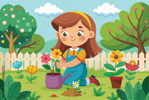 A little girl is happily planting flowers in her garden while enjoying a bright, sunny day, Cute little girl planting flowers in the garden