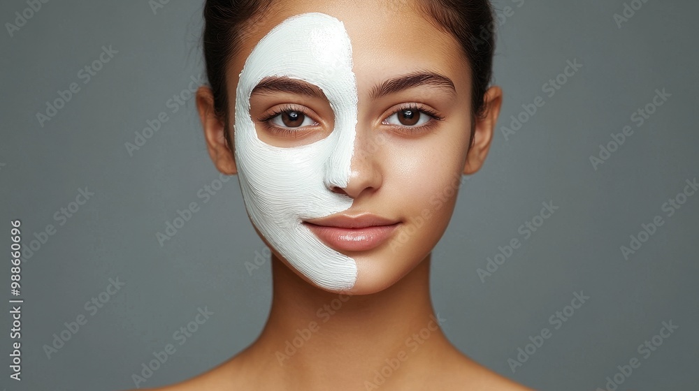 Beauty and Protection: Teen Girl with Half Face Mask, Half Radiant with Hydration and Smooth Complexion Beauty and Protection: Teen Girl with Half Face Mask, Half Radiant with Hydration and Smooth Complexion