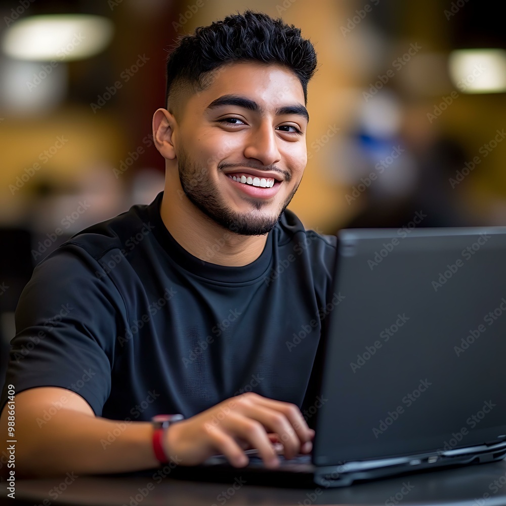 Young Hispanic Man Smiling While Using Laptop Young Hispanic Man Smiling While Using Laptop