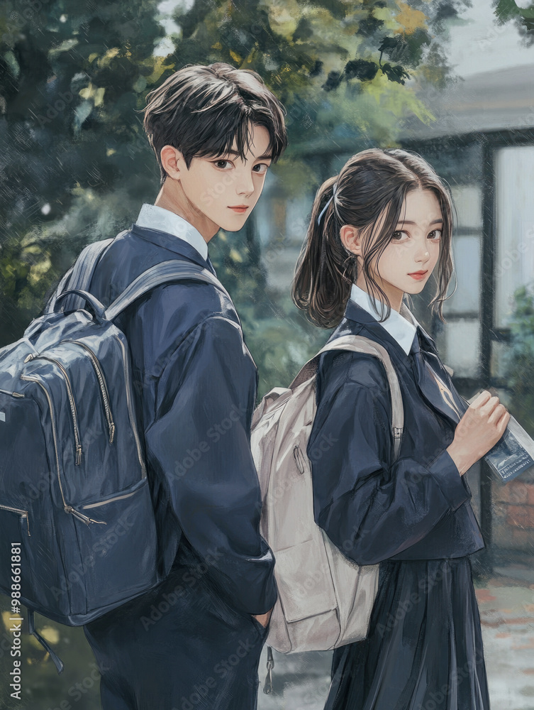 Two Students Walking in School Uniform with Backpacks Two Students Walking in School Uniform with Backpacks