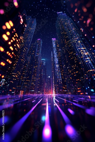 A futuristic cityscape at night, neon lights illuminating skyscrapers that stretch towards the heavens