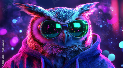 Owl in Cosmic Space Hoodie with Reflected Galaxy Sunglasses in Nebula Background