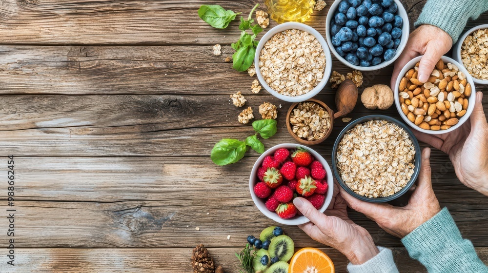 Elderly couple at a breakfast table filled with whole grains, fresh fruits, and healthy fats, balanced breakfast, nutrition for seniors Elderly couple at a breakfast table filled with whole grains, fresh fruits, and healthy fats, balanced breakfast, nutrition for seniors