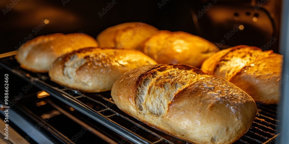 A beautifully golden brown loaf of artisan bread is baking to perfection in the warm oven A beautifully golden brown loaf of artisan bread is baking to perfection in the warm oven