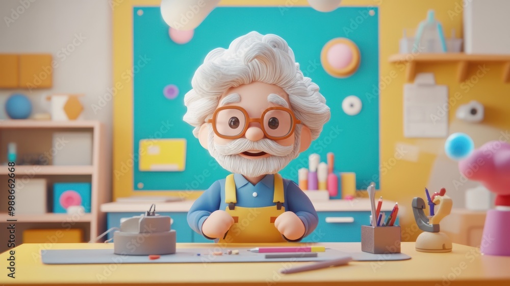 A cheerful elderly character in a creative workspace with art supplies and colorful decor. A cheerful elderly character in a creative workspace with art supplies and colorful decor.