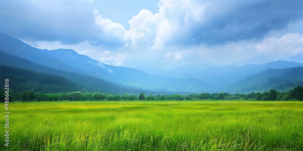 Fototapeta premium Green Grass Field Landscape with Mountain Range in the Background