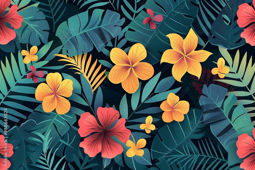 Tropical Flowers and Plants Seamless Pattern Design Tropical Flowers and Plants Seamless Pattern Design
