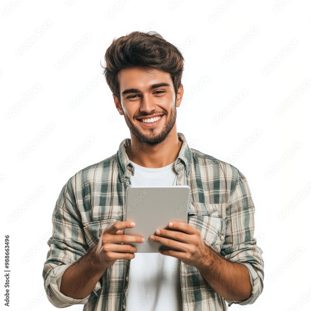 Smiling man holding digital tablet