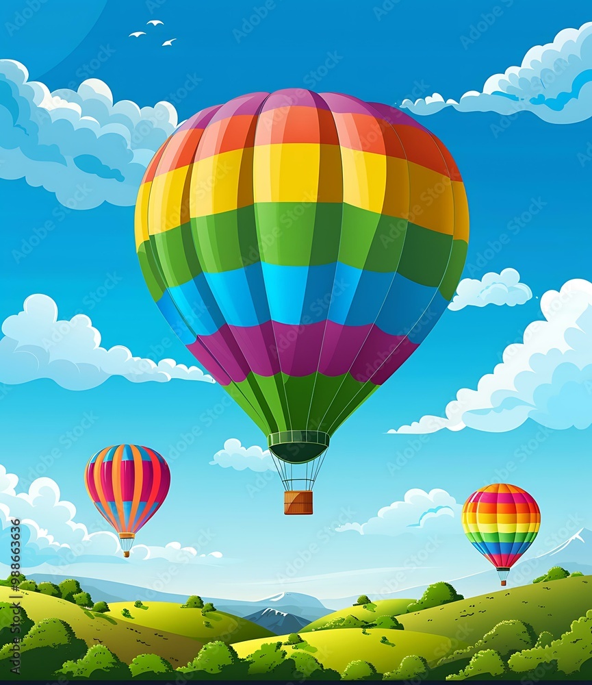 Naklejka premium Colorful Hot Air Balloons Flying Over Green Hills