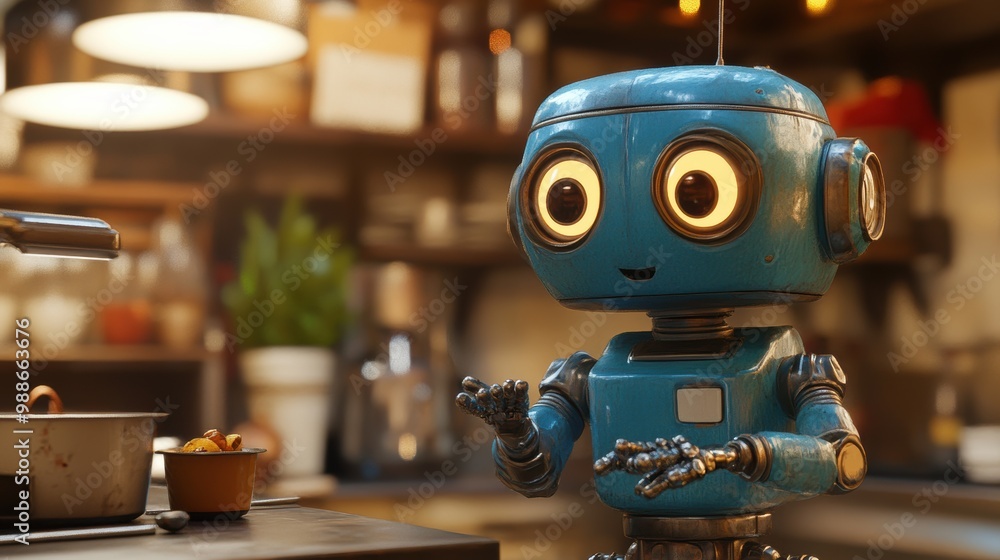 Friendly Blue Robot in Warm Kitchen Environment Friendly Blue Robot in Warm Kitchen Environment