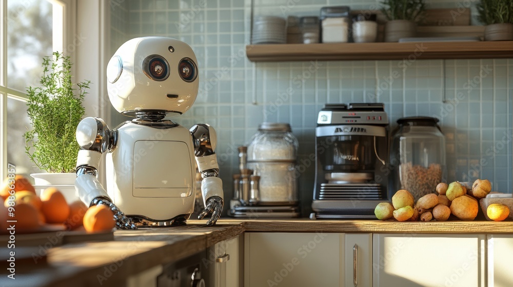 Small robot in a modern kitchen with fresh fruits and appliances Small robot in a modern kitchen with fresh fruits and appliances