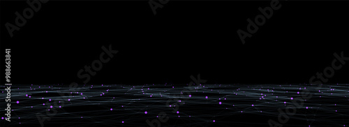 Technology vector perspective grid background. Digital space wireframe landscape. Dark cyberspace with colors motion dots and lines. Futuristic digital mesh background. Big data analytics.