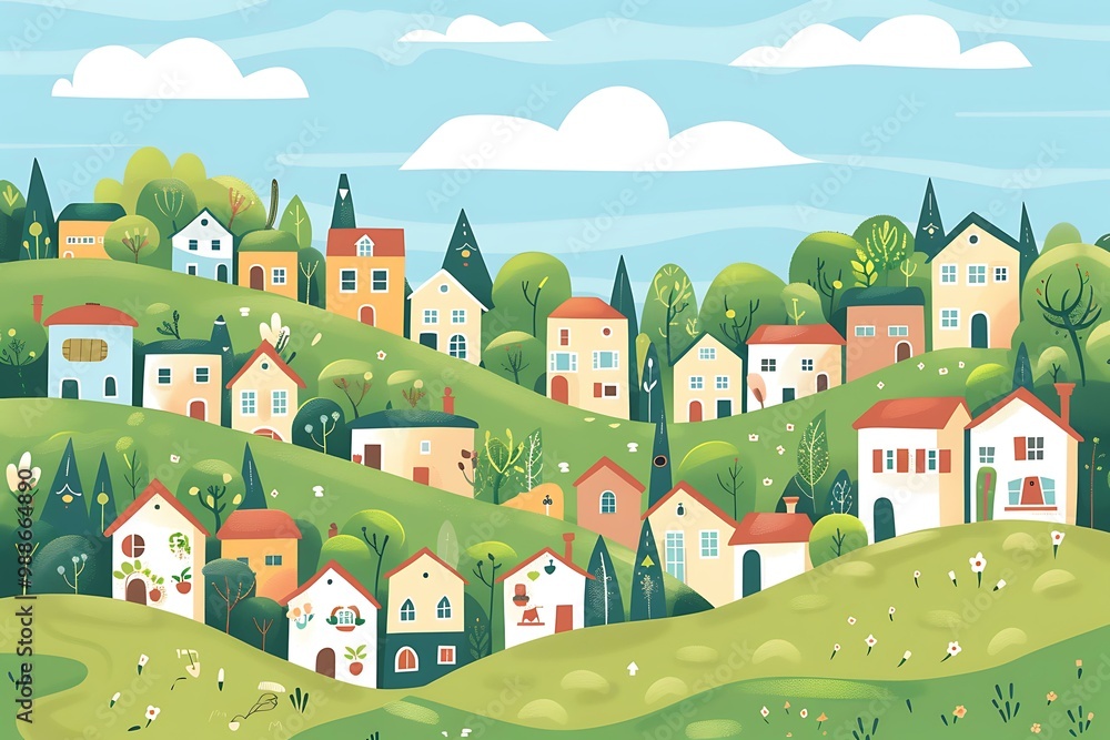 Naklejka premium Illustrated Landscape of Green Hills with Small Houses
