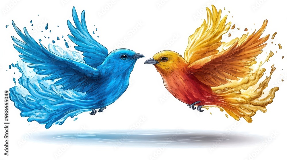 Obraz premium Two vibrant birds, one blue and one orange, in dynamic flight against a white isolate background.