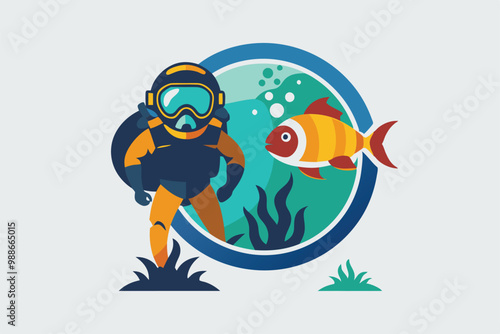 A diver in a wetsuit interacts with a lively fish in an aquarium setting, Diver vector logo design template. Aquarium icon vector illustration.