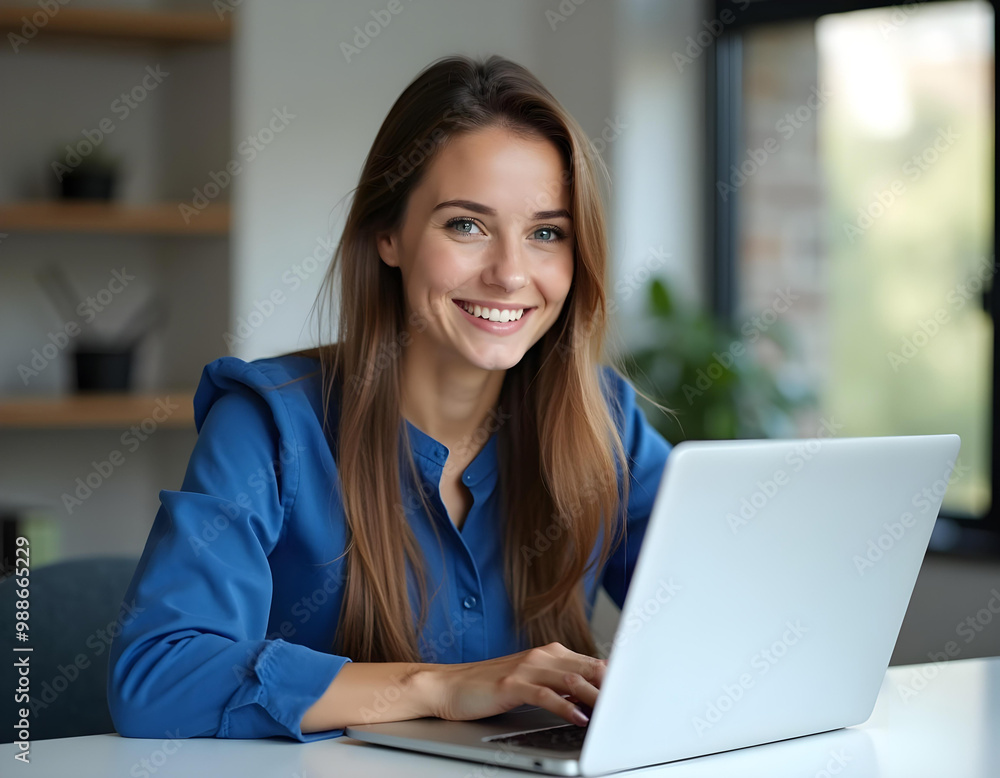 Young Asian Smiling Business Women with Laptop Looking at Camera. Generative AI Young Asian Smiling Business Women with Laptop Looking at Camera. Generative AI