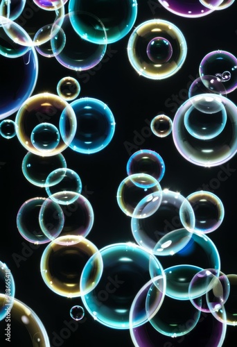 soap colored air bubbles flying in the air on a black background