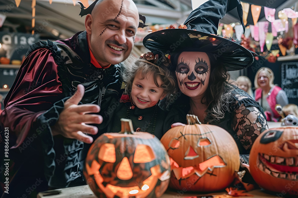 A family dressed up for Halloween, smiling and posing with carved pumpkins on the table in front of them, Generative AI A family dressed up for Halloween, smiling and posing with carved pumpkins on the table in front of them, Generative AI
