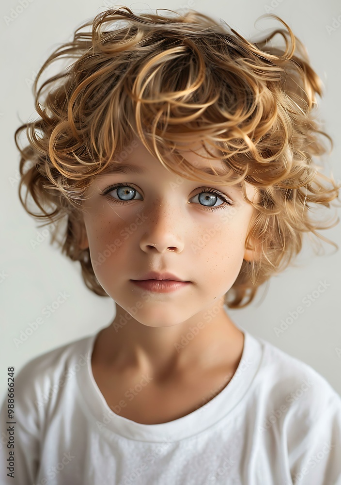 Portrait of a Young Boy with Curly Blonde Hair and Blue Eyes Portrait of a Young Boy with Curly Blonde Hair and Blue Eyes