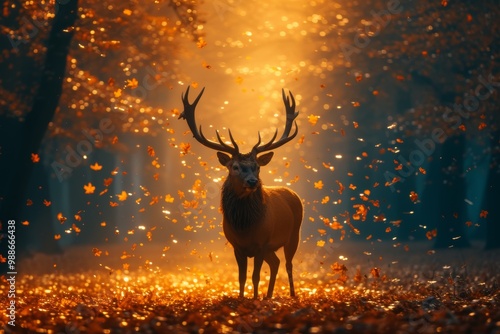 Majestic deer stands in mystical autumn forest, surrounded by falling leaves and bathed in warm, golden light