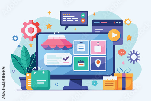 A colorful display showcasing a customizable ecommerce website setup for a seamless shopping experience, Ecommerce web page Customizable Disproportionate Illustration