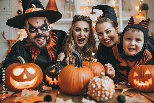 A family dressed up for Halloween, smiling and posing with carved pumpkins on the table in front of them, Generative AI photo