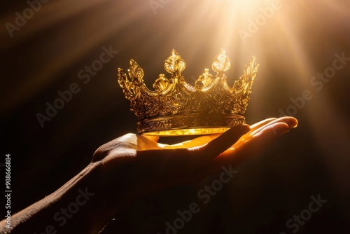 A golden crown held in the palm of an outstretched hand against a black background, illuminated by sunlight. The scene conveys power and kingship with a touch of luxury.