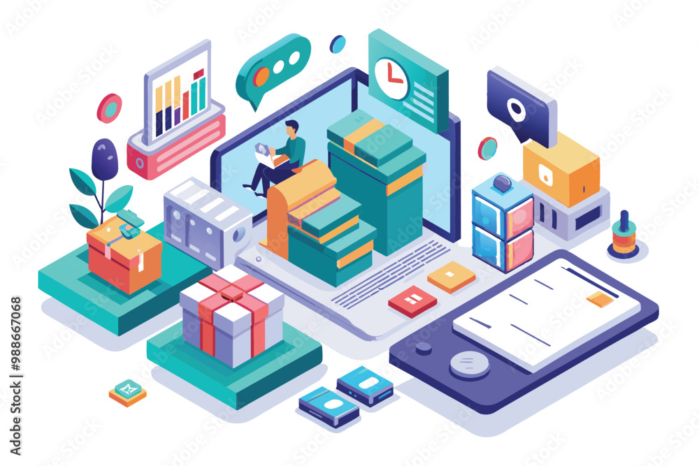 A digital workspace showcasing a customizable ecommerce web page with product stacks and user interaction, Ecommerce web page Customizable Isometric Illustration A digital workspace showcasing a customizable ecommerce web page with product stacks and user interaction, Ecommerce web page Customizable Isometric Illustration