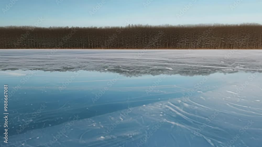 Tranquil winter scene with a frozen lake reflecting the clear blue sky and a snow covered forest in the background. The transparent ice glistens in the sunlight, adding to the peaceful scenery Tranquil winter scene with a frozen lake reflecting the clear blue sky and a snow covered forest in the background. The transparent ice glistens in the sunlight, adding to the peaceful scenery