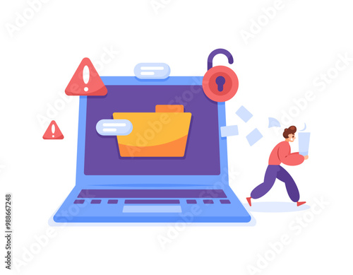 hacking and piracy concept. hacking system security. taking files in folders. illustration of hacker or cracker stealing laptop information data. technology and cybercrime. flat style design. elements