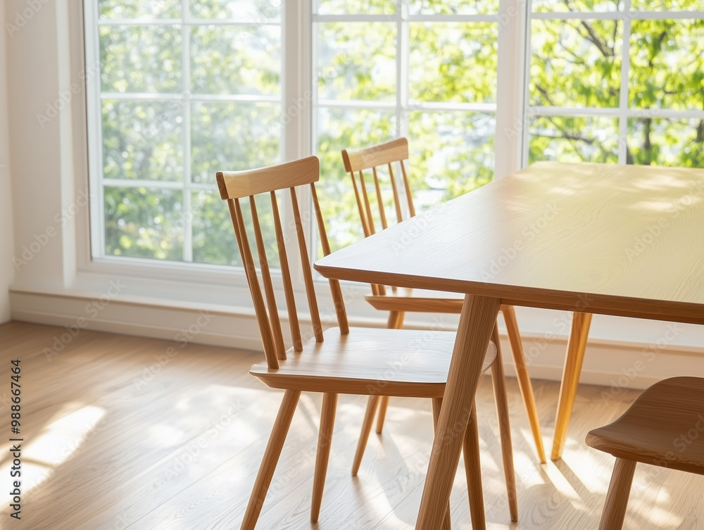 Wooden table and chairs in modern living room with large window front in stylish apartment Wooden table and chairs in modern living room with large window front in stylish apartment