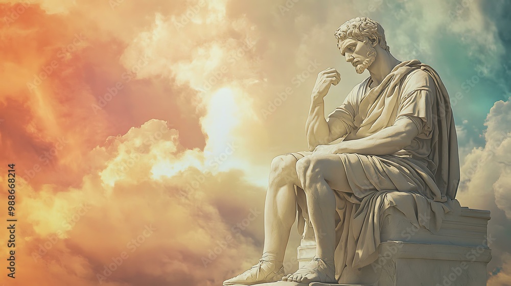 Fototapeta premium Thinking Man Sculpture Against Cloudy Sky