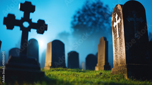 an eerie graveyard at dusk, with ancient tombstones shrouded in mist