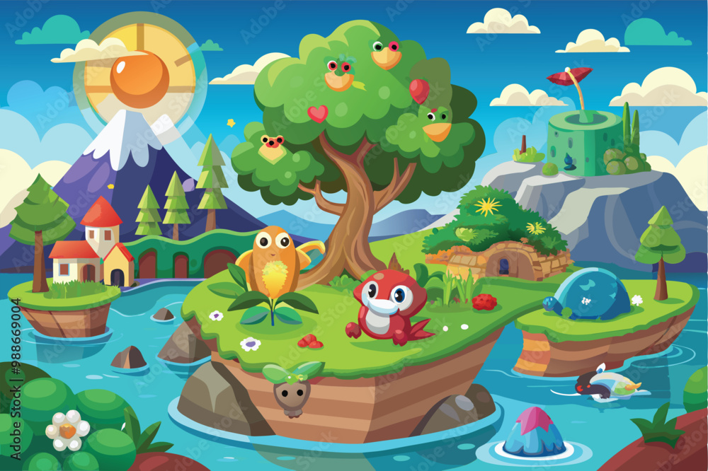 Colorful animals enjoy a sunny day in a whimsical cartoon ecosystem filled with plants and water, Ecosystem Customizable Cartoon Illustration Colorful animals enjoy a sunny day in a whimsical cartoon ecosystem filled with plants and water, Ecosystem Customizable Cartoon Illustration