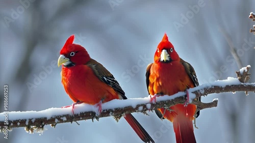 Vibrant red birds perched on snow covered branch, alert and watching surroundings