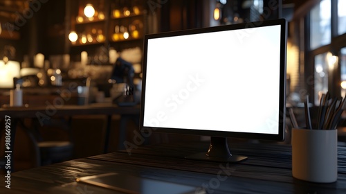 Computer Monitor on Wooden Table in Cafe Interior