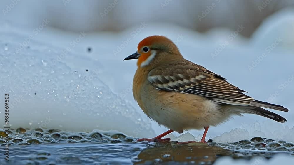 Small bird with a red head and brown and white feathers is standing on a rock in the snow, near a partially frozen body of water Small bird with a red head and brown and white feathers is standing on a rock in the snow, near a partially frozen body of water
